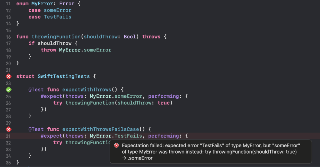 Example of #expect(.throws: (any Error).self)